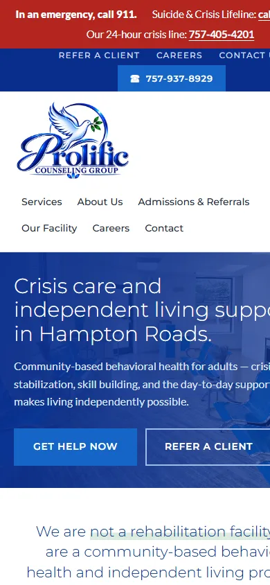 Prolific Counseling Group home page on a phone