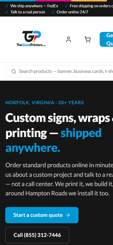 TheGoodPrinters.com home page on a phone